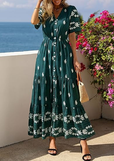 Damen Boho Maxikleid mit floralen Prints und Taillengürtel EB