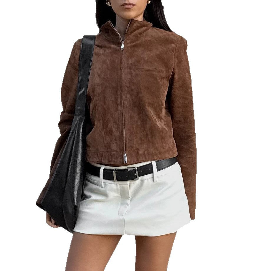 Damen Kurzjacke im modernen Wildleder-Look mit hohem Kragen EB
