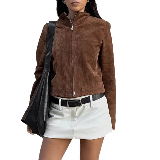 Damen Kurzjacke im modernen Wildleder-Look mit hohem Kragen EB