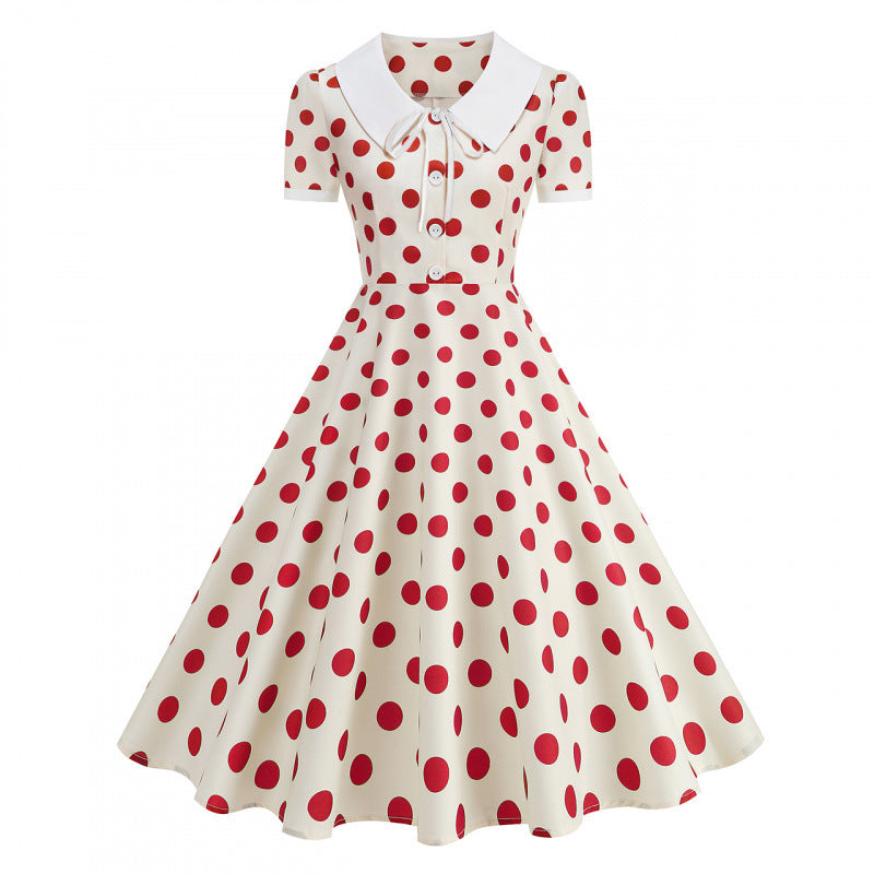 Damen Retro Maxikleid mit Kragen und Punkten EB