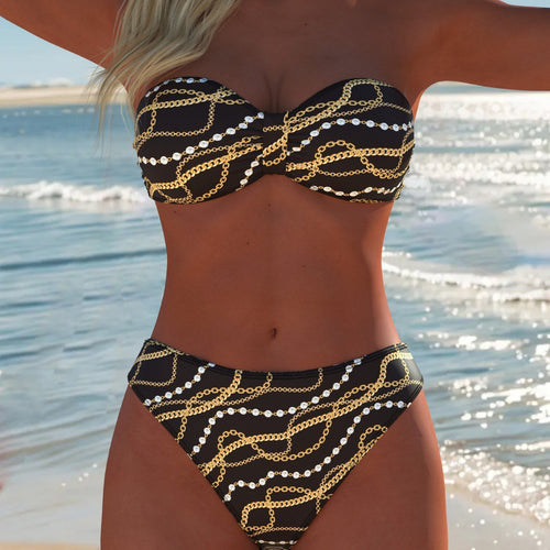 Damen Bandeau-Bikini mit luxuriösem Kettenmuster und hohem Taillenschnitt EB