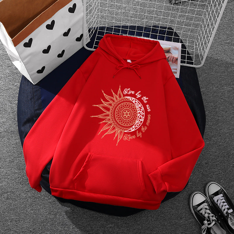 Damen nan Kapuzenpullover mit Sonn-und-Mond-Mandala, Kängurutasche und angerautem Fleece EB