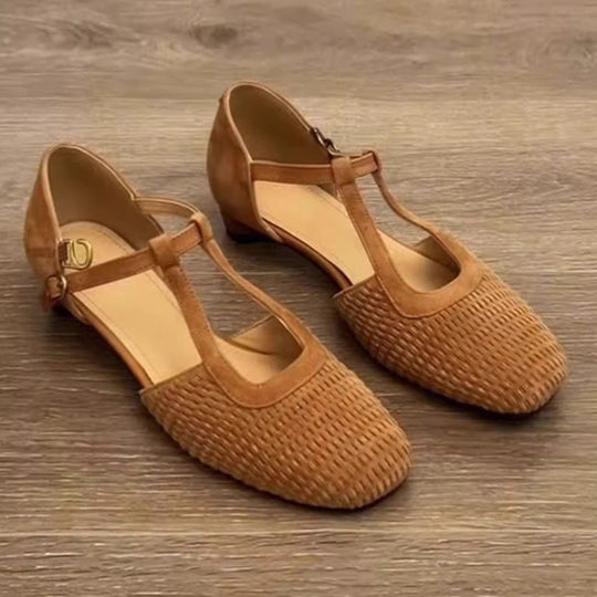 Damen Halbschuhe mit eleganter T-Strap und geflochtenem Design EB