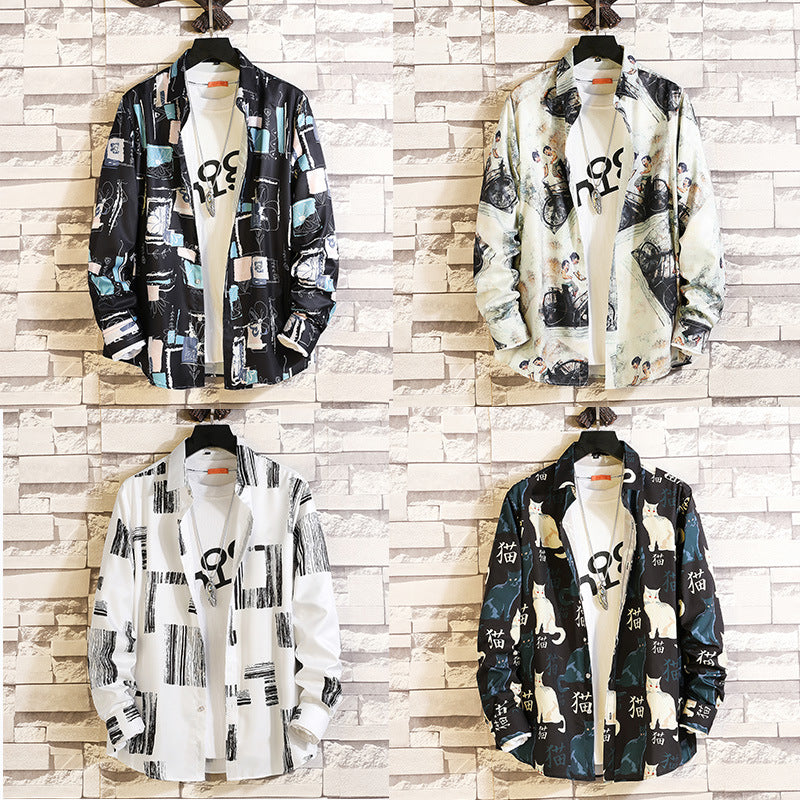 Herren nan langärmliges Hemd mit offenem Reverskragen, kontrastivem Blumenprint und lässiger Regular-Fit Silhouette EB