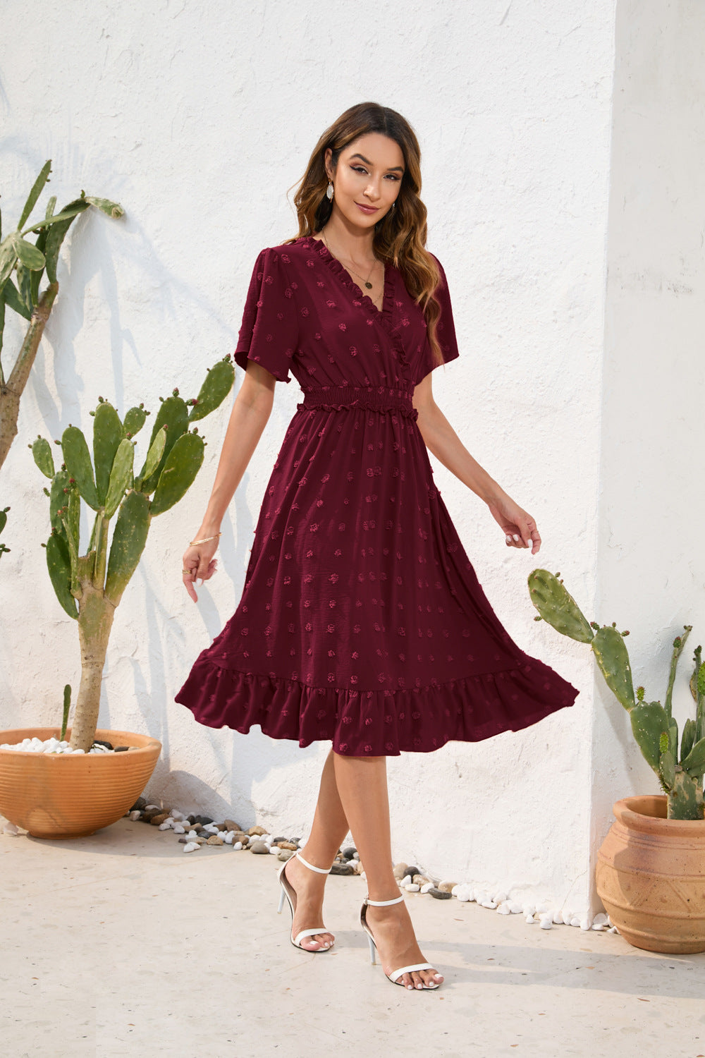 Damen Midikleid mit raffiniertem V-Ausschnitt, elastischem Taillenzug und fließendem Rock EB
