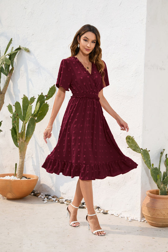 Damen Midikleid mit raffiniertem V-Ausschnitt, elastischem Taillenzug und fließendem Rock EB