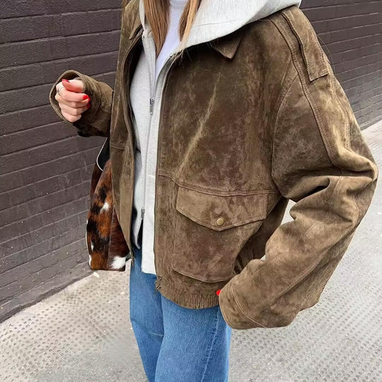 Damen Kunstlederjacke mit praktischen Taschen und elastischem Bund EB