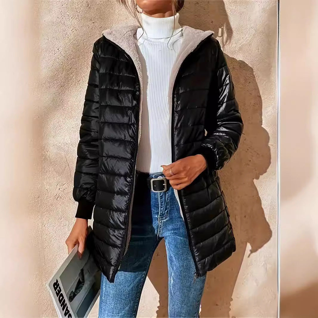 Damen Langer Steppmantel mit Teddyfutter und Kapuze EB