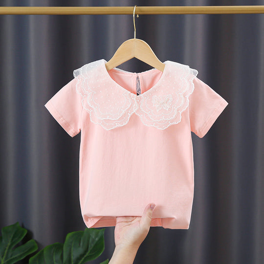Mädchen T-Shirt mit elegantem Spitzeneinsatz und großem Kragen EB