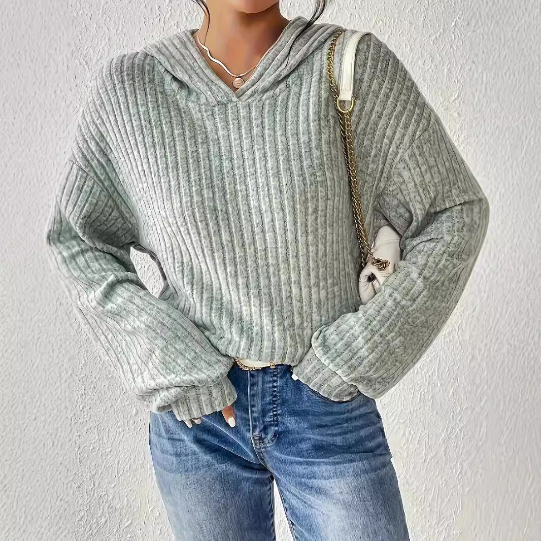 Damen lässiger Kapuzenpullover mit strukturiertem Rippdesign und weiten Ärmeln EB