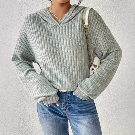 Damen lässiger Kapuzenpullover mit strukturiertem Rippdesign und weiten Ärmeln EB