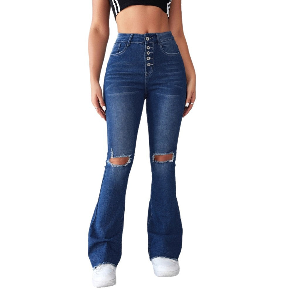 Damen Flared Jeans mit modischen Rissdetails und hohem Taillenbund EB