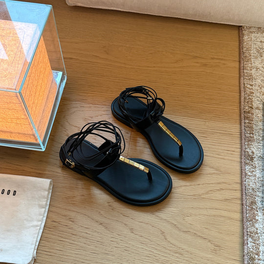 Damen Modische Zehentrenner-Sandalen mit verstellbarem Riemen und goldener Schnalle EB