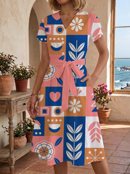 Damen Blühendes Midikleid mit taillierbarem Gürtel und kunstvollem Print EB