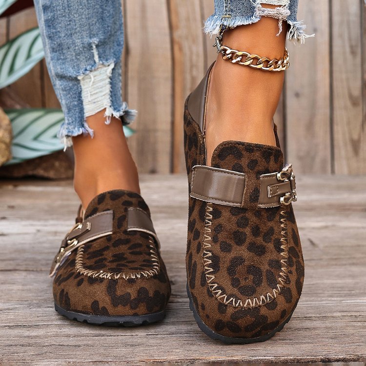 Damen Mokassin-Slipper aus Veloursleder mit dekorativer Metall-Schnalle EB