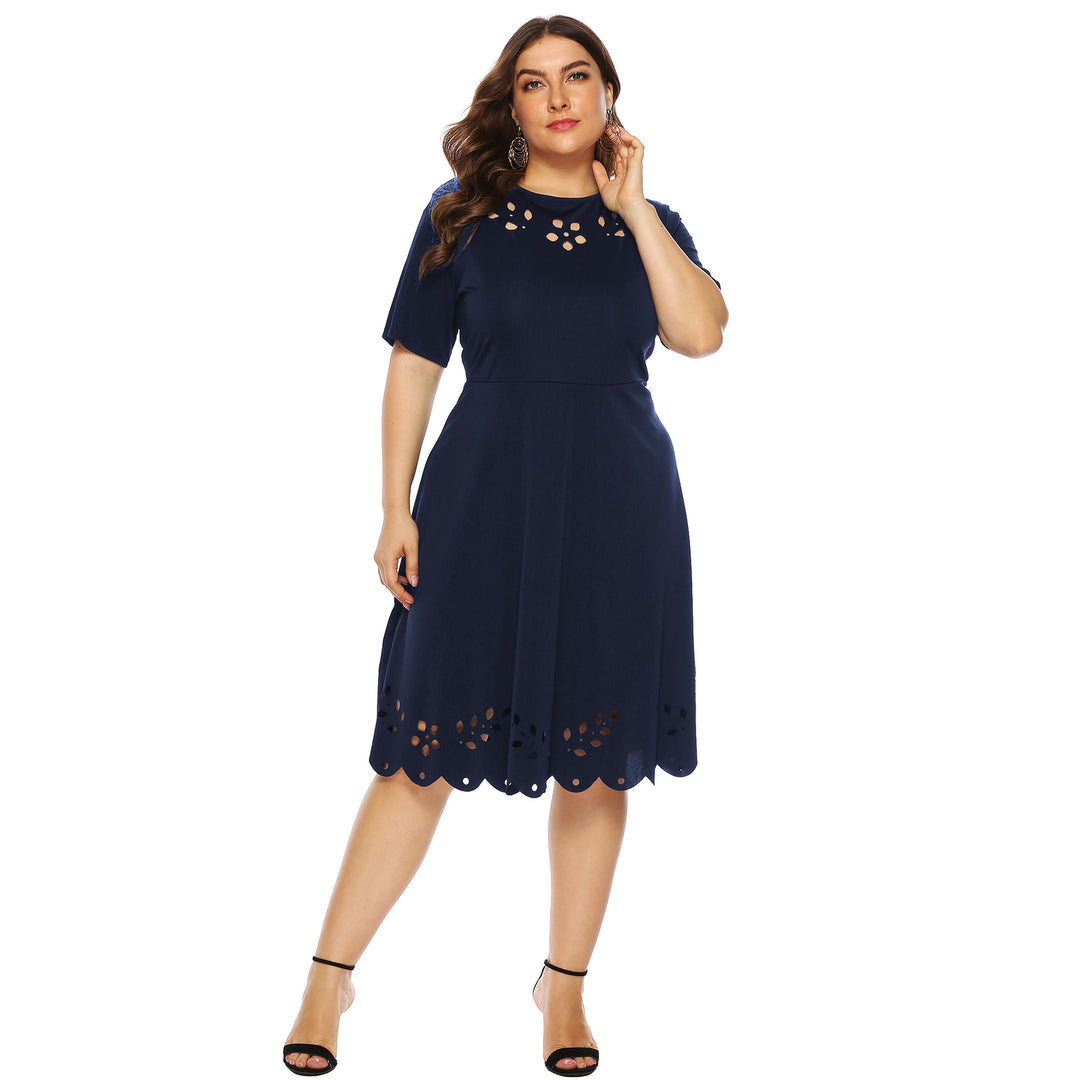 Damen elegantes Kleid mit durchbrochenem Kragen und wellenförmigem Saum EB