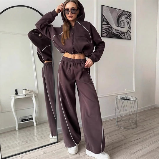 Damen nan Kapuzenjacke und weite Jogginghose Set mit kontrastnähten EB