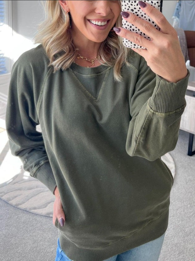 Damen lässiger V-Ausschnitt Sweatshirt mit Raglanärmeln und seitlichen Taschen EB