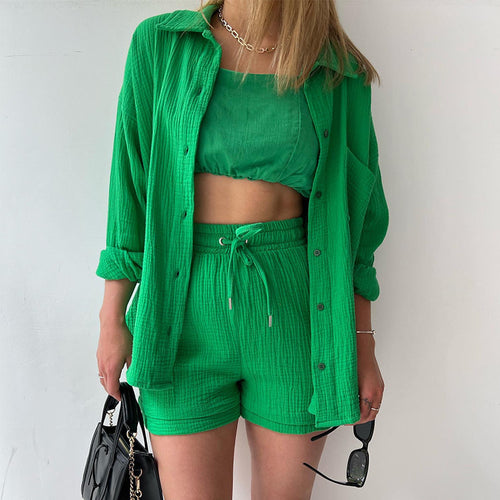 Damen nan lässiges oversized Hemd und Shorts Set mit Brusttasche Kordelbund und gerauter Baumwollstruktur EB