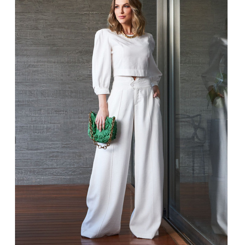 Damen Elegantes zweigeteiltes Set mit cropped Bluse und weiten Hosen EB