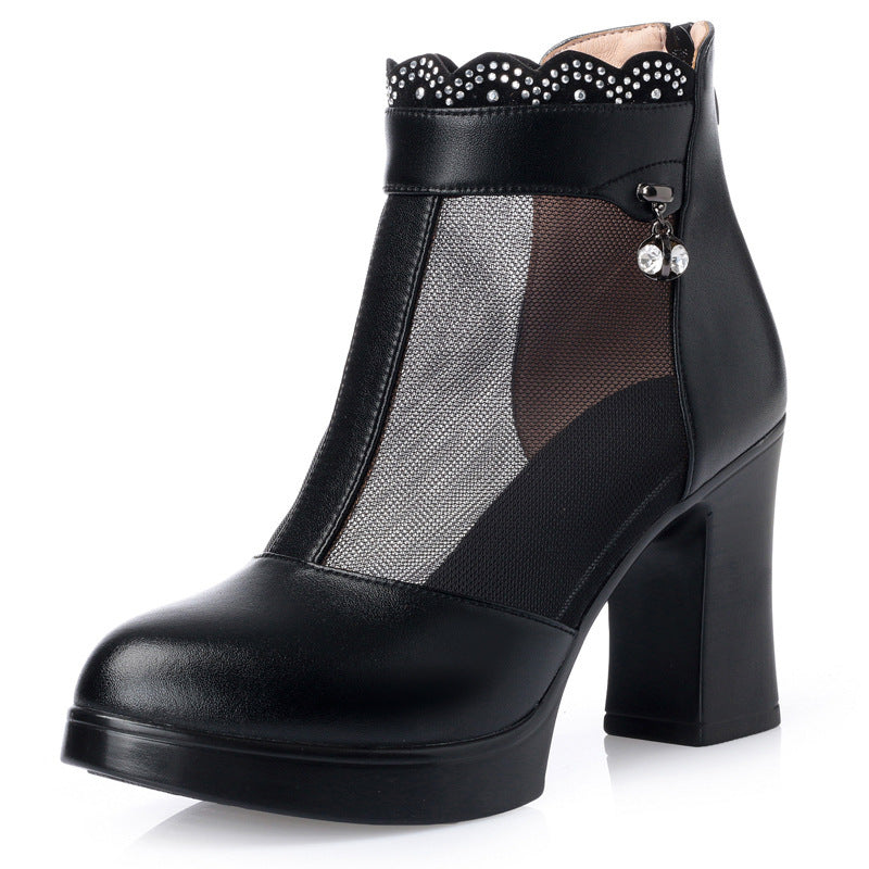 Damen Modische Peep-Toe Stiefeletten mit eleganter Mesh-Ansicht und hohem Blockabsatz EB