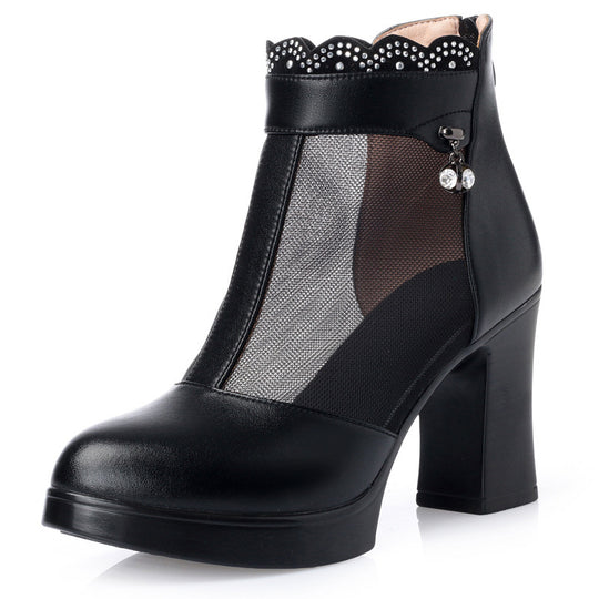 Damen Modische Peep-Toe Stiefeletten mit eleganter Mesh-Ansicht und hohem Blockabsatz EB