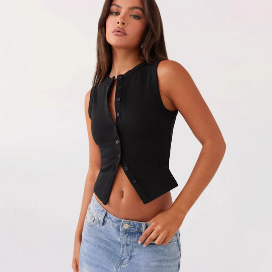 Damen ärmelloses Knopfschalenshirt aus Rippenstoff mit modernem Schnitt EB