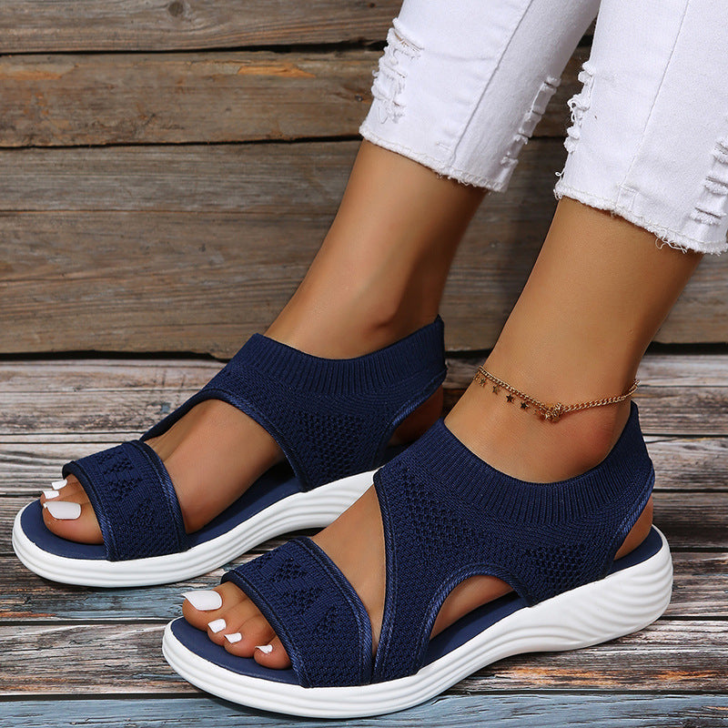 Damen Komfortable Keil-Sandalen mit atmungsaktivem Strickdesign und elastischen Riemen EB