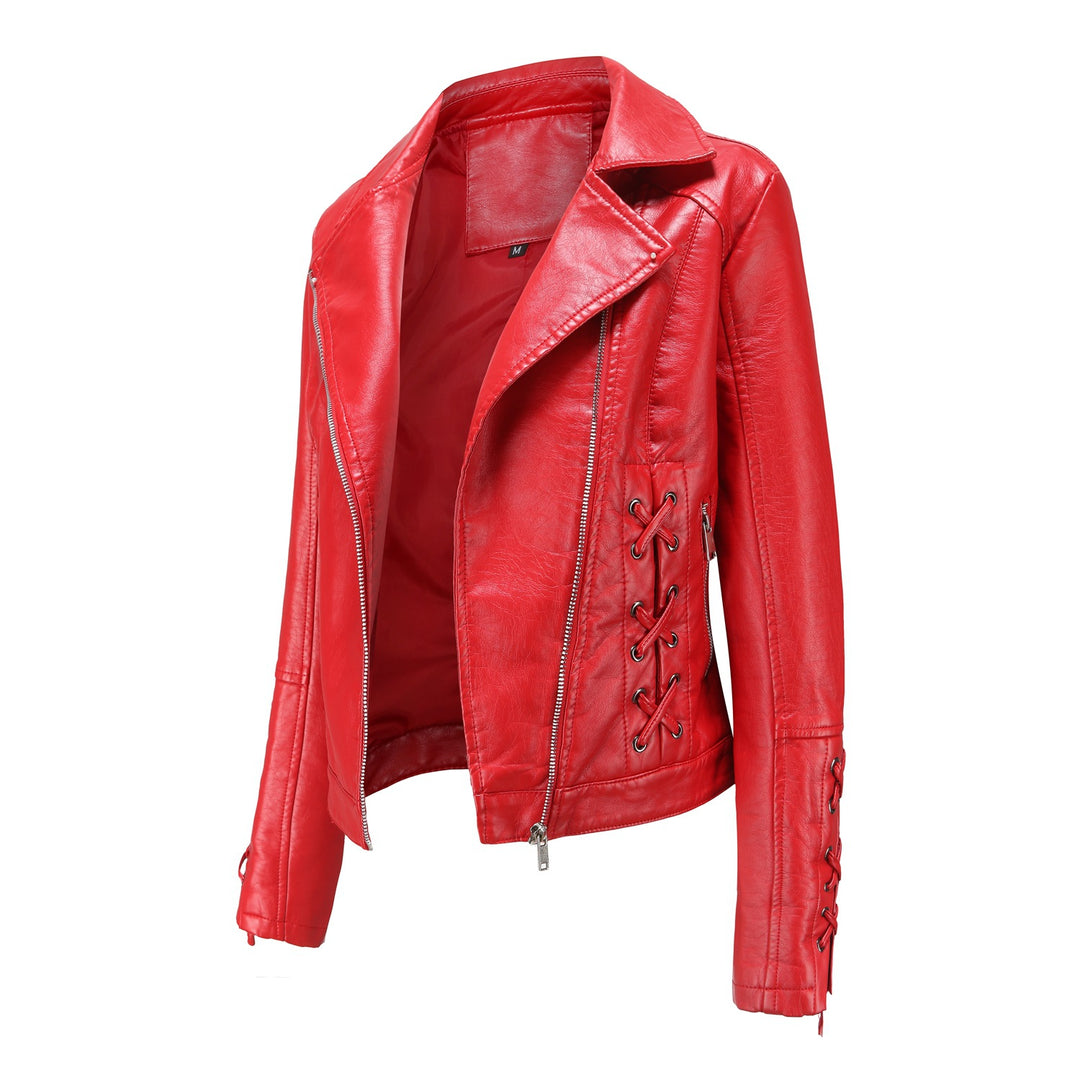 Damen modische Kunstlederjacke mit raffinierten Schnürdetails EB