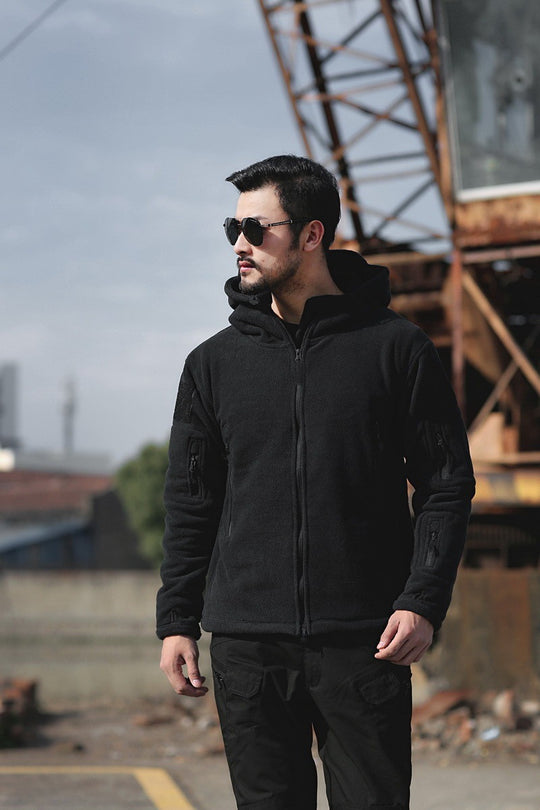Herren Fleecejacke mit mehrfachen Taschen und verstellbarem Kapuzenkragen EB