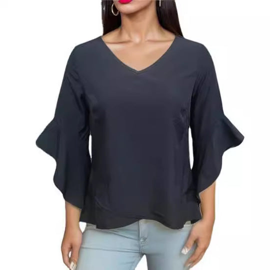 Damen Elegante Bluse mit Rüschendetails und tiefem V-Ausschnitt EB
