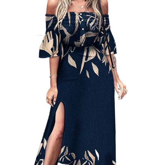 Damen Maxikleid mit schulterfreiem Design und elegante Blumendruckdetails EB