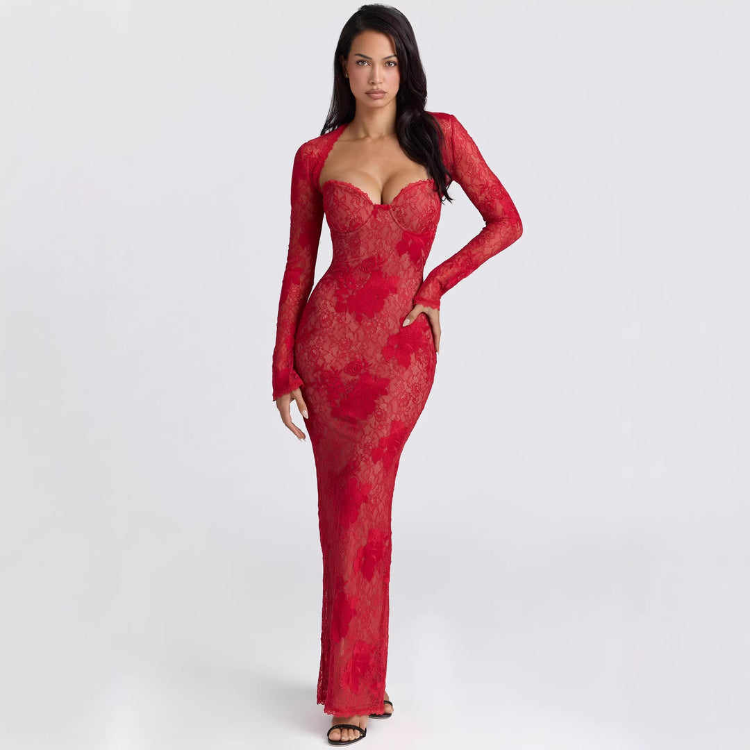 Damen Elegantes Spitzenabendkleid mit langem Arm und verführerischem Schnitt EB