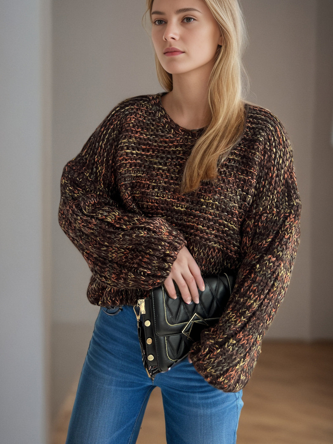 Damen grob gestrickter Pullover mit voluminösen Ärmeln EB