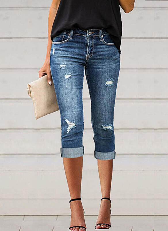 Damen modische 3/4 Jeans mit lässigen Used-Details EB