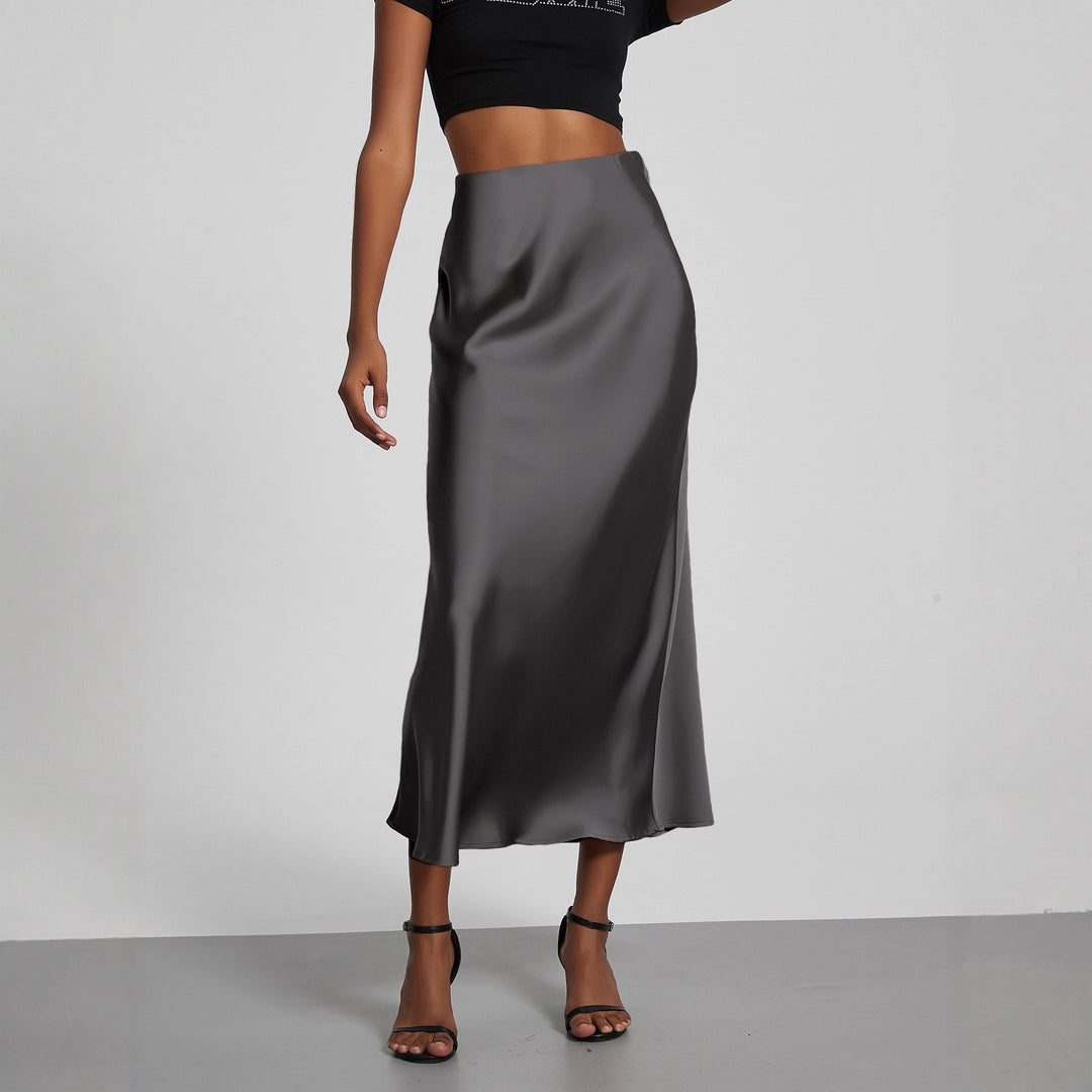 Damen Stilvolle Satin-Stretchrock mit hohem Bund und fließendem Schnitt EB