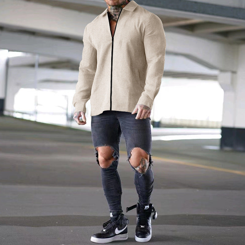 Herren nan strukturierte Zip-Hemdjacke aus Waffelstrick mit Kentkragen und schmaler Silhouette EB
