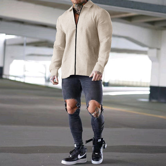 Herren nan strukturierte Zip-Hemdjacke aus Waffelstrick mit Kentkragen und schmaler Silhouette EB