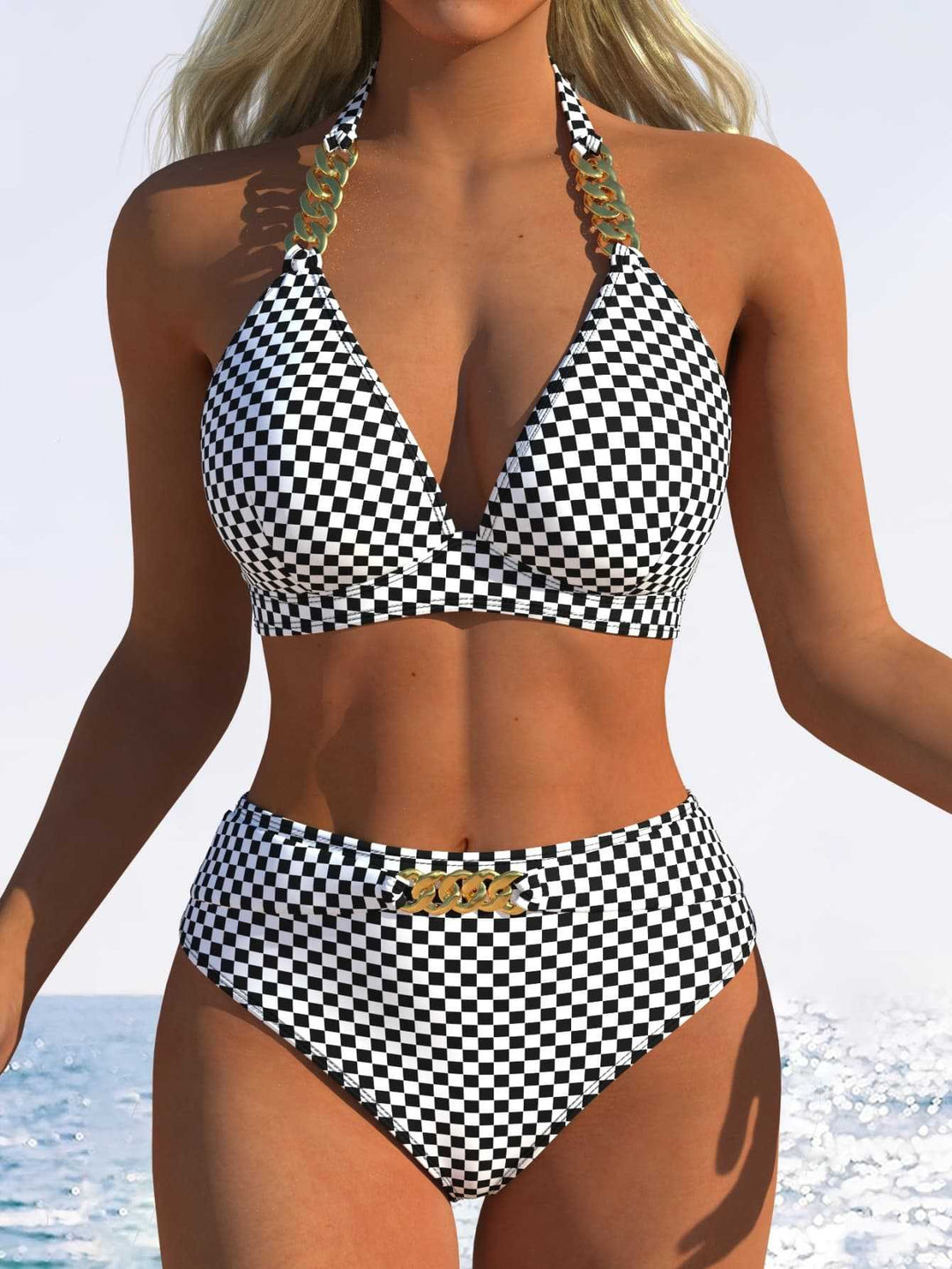 Damen Bikini-Set mit stilvollem Karomuster und goldfarbenen Akzenten EB