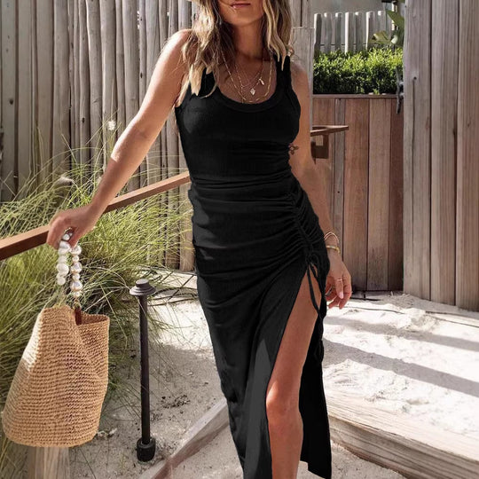 Damen schickes Wickelkleid mit raffiniertem Rippendesign und seitlichem Schlitz EB