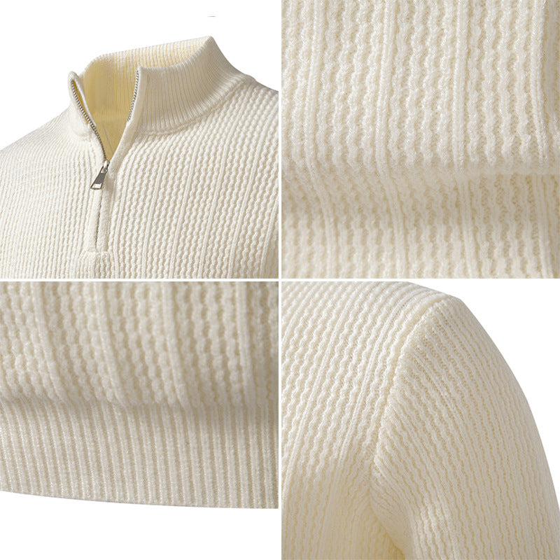 Herren nan feinstrukturierter Halbzip-Pullover mit Stehkragen, geripptem Strukturstrick und schmaler Passform EB