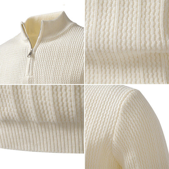 Herren nan feinstrukturierter Halbzip-Pullover mit Stehkragen, geripptem Strukturstrick und schmaler Passform EB