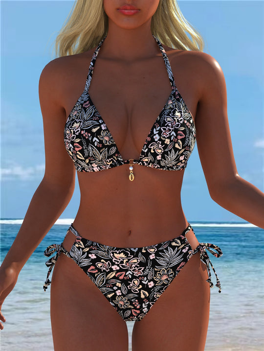 Damen Triangel-Bikini mit verspieltem Floral-Design und verstellbaren Bindebändern EB