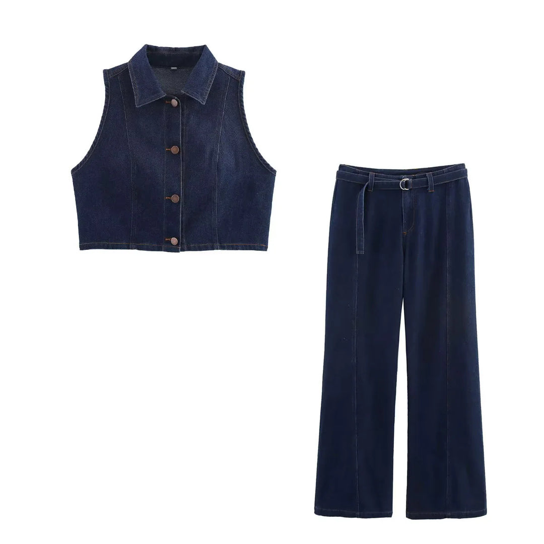 Damen weit geschnittene Jeanshose mit Bindegürtel und eleganter Silhouette EB