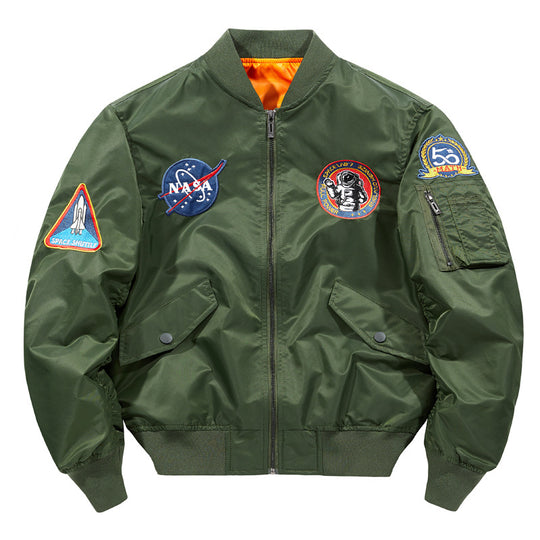 Men's  nylon flight-style bomber with embroidered space patches and contrast orange lining EB