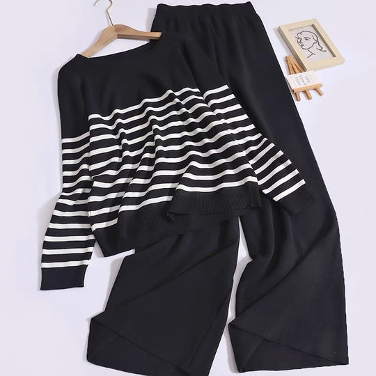 Damen gemütliches Strick-Loungewear-Set mit Streifenmuster EB