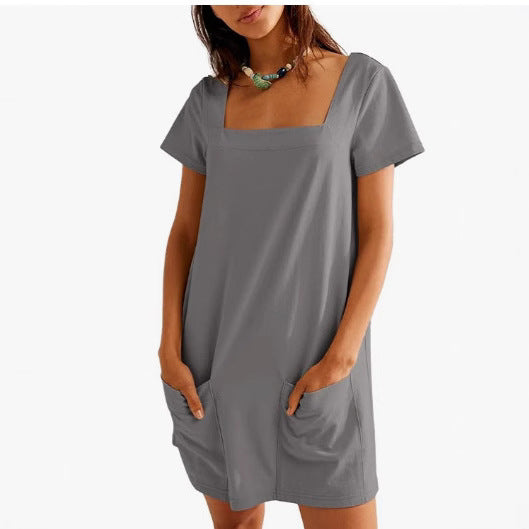 Damen Lockeres Sommerkleid mit Quadrat-Ausschnitt und praktischen Taschen EB
