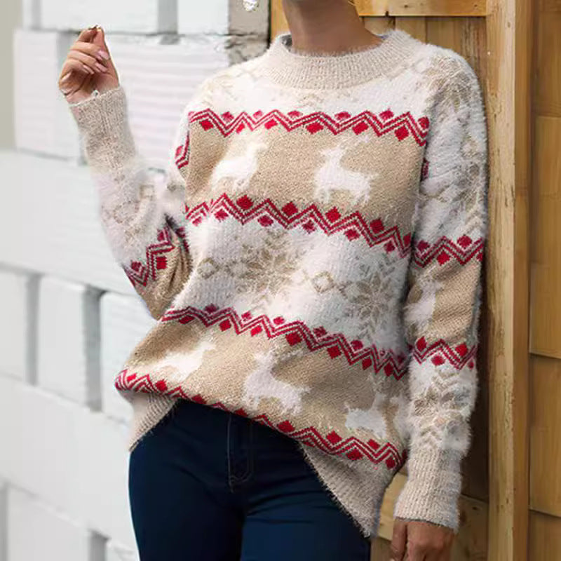 Damen gemütlicher Weihnachtspullover mit festlichem Rentierdesign EB