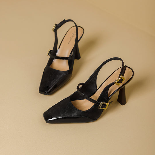 Damen Slingback-Pumps mit eleganter Quadratischer Spitze und glänzendem Riemendesign EB