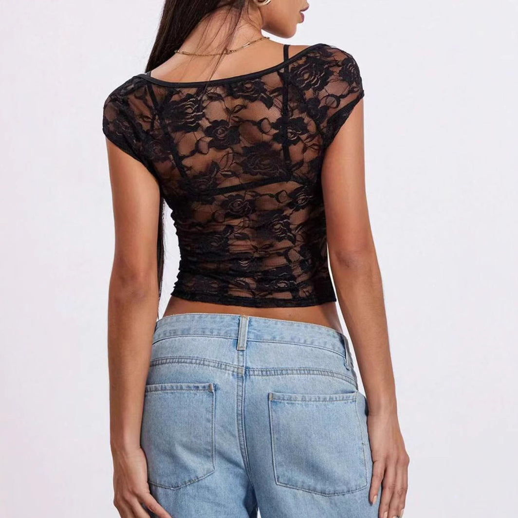 Damen Spitzenoberteil mit seitlichem Cut-Out und dekorativen Details EB